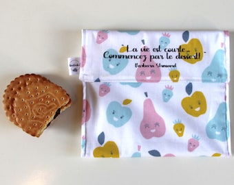 Washable and Reusable Snack Bag, Waterproof Snack Bag, Sandwich Bag, Kids Lunch Bag, Zero Waste, Fruits, French Saying, Barbara Streisand