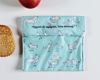 Washable and Reusable Snack Bag, Waterproof Snack Bag, Sandwich Bag, Kids Lunch Bag, Zero Waste, Green, Birds, French Saying