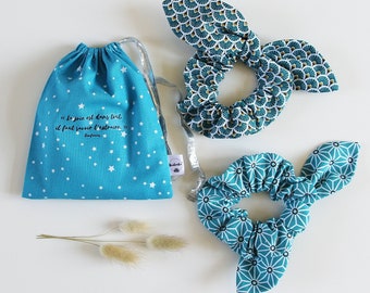 Lot de 2 Chouchous Noeuds, Chouchous Foulards, Jolie Citation, Accessoires Cheveux, Bleu Canard, Idée Cadeau Maman, Copine