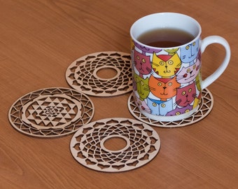 Yantra design round Wooden coasters / Sacred Geometry Mandala coasters / Sri Yantra Table Home decor / Various sets available