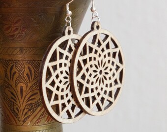 The Lotus of Rebirth earrings - Mandala Flower Round Lightweight Wooden Sacred Geometry Wood cut earrings Hippie Boho Style. Free shipping!