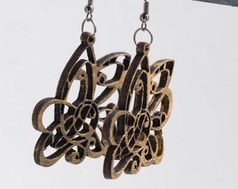 Art Noveau balck gold lily flower earrings  - artistic Woodcut Dangle earrings
