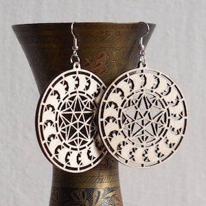 The Star in Motion round Sacred geometry Wood cut earrings Free shipping image 1