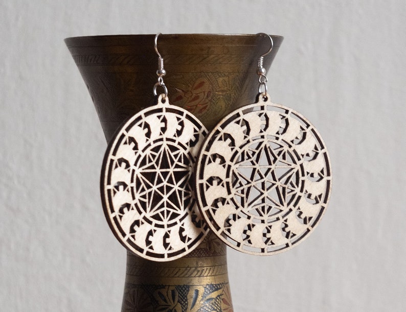 The Star in Motion round Sacred geometry Wood cut earrings Free shipping image 1