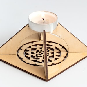 Wooden Sri Yantra tealight pyramid Energy harmonizer and Meditation helper, New Age Sacred Geometry House decor, Small size image 1