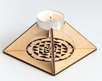 Wooden Sri Yantra tealight pyramid - Energy harmonizer and Meditation helper, New Age Sacred Geometry House decor, Small size