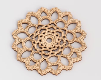 Set of wood coasters  -  Mandala Yantra laser cut engraved flower tableware Set of 4 pieces