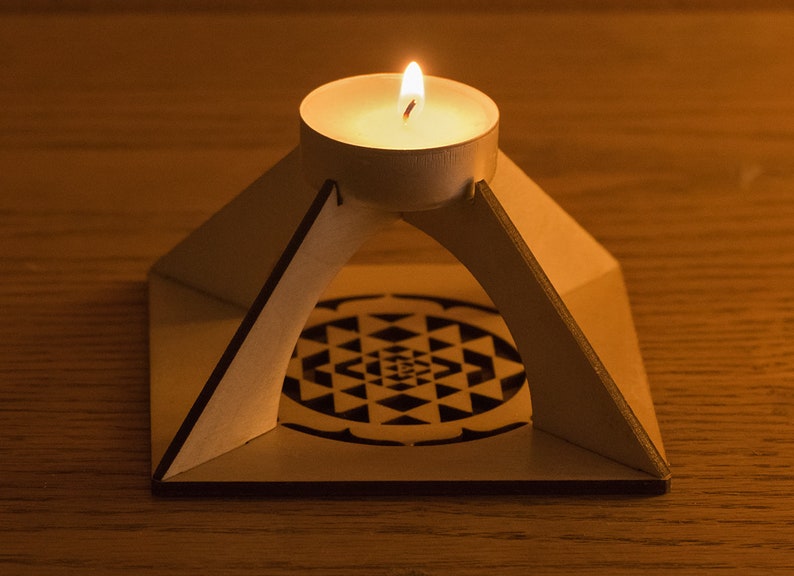 Wooden Sri Yantra tealight pyramid Energy harmonizer and Meditation helper, New Age Sacred Geometry House decor, Small size image 2