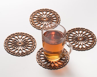 Golden brown Wooden round Rosette coasters - Round Mandala Gothic ornament - vrious sets