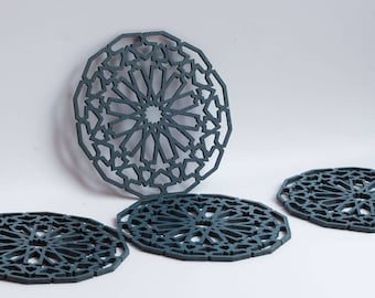 Round Blue Wood coasters - Arabic Moorish Star pattern - set of 4