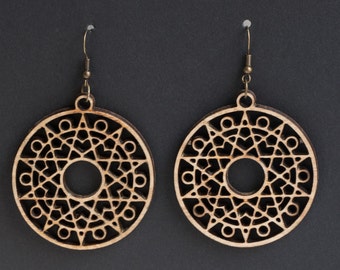 The Star of Knowledge - Mandala Star style wooden earrings Ethnic Spiritual Wood cut earrings Hippie Boho Style, design MDL017