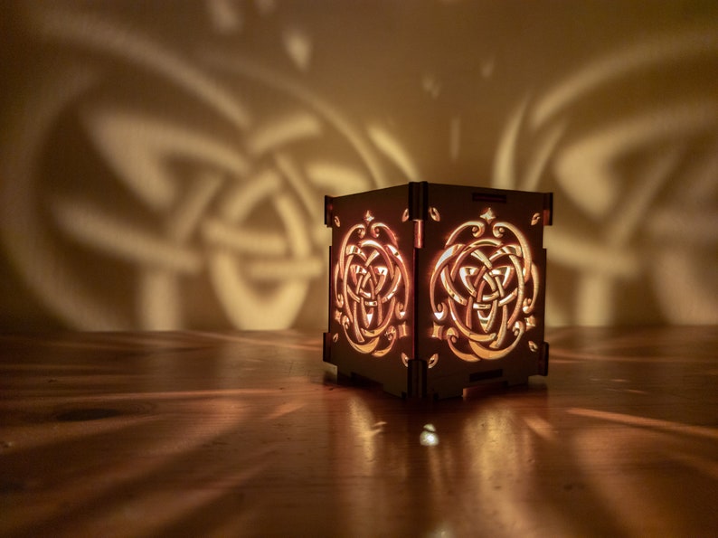 Triquetra Celtic Spirit Wooden Shadow lantern Candle Holder / Celtic art Sacred geometry Wood tealight holder image 1