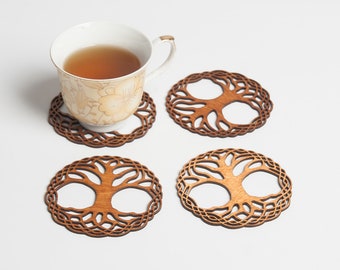 Wood coasters  -  Tree of Life laser cut engraved Celtic tableware - Various sets and colors