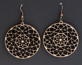 The Flower of Universe -  Wooden mandala star yantra  style earrings Ethnic Spiritual Wood cut jewellery Hippie Boho Style