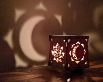 Lotus Sun Moon wooden tealight Shadow lantern /  Sacred geometry harmonizing candle holder