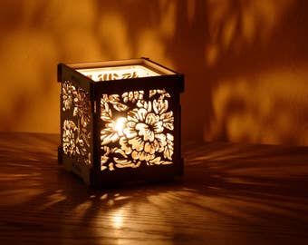 Tealight Candle Holder with Chrysanthemum flower motif - white shade Nature shadow lantern