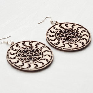 The Star in Motion round Sacred geometry Wood cut earrings Free shipping image 4