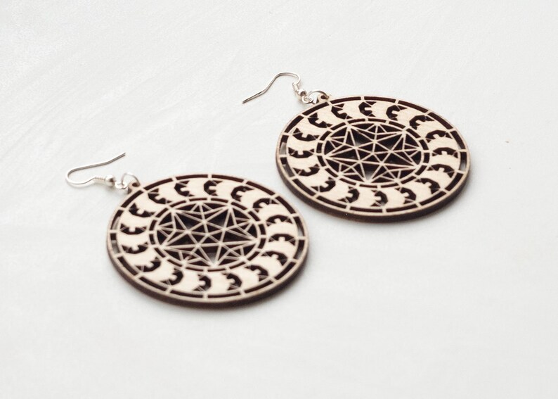 The Star in Motion round Sacred geometry Wood cut earrings Free shipping image 4