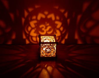 OM Lotus flower wooden tea light Shadow lantern Candle Holder / Hindu Buddhist Mandala New Age Sacred geometry lantern