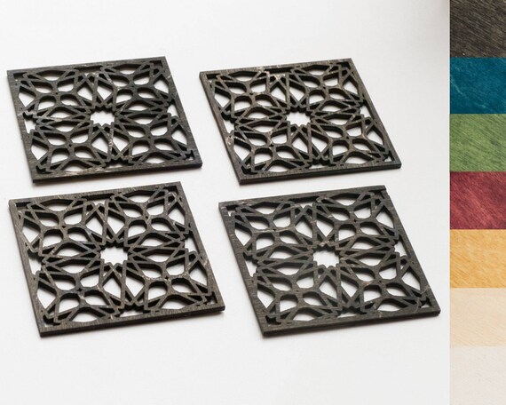 Square Gray Black Wooden Coasters Arabic Moorish Star Etsy