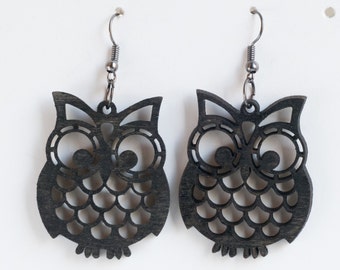 Big eyed Owl earrings  - owl lovers Woodcut Owlies earrings Hippie Boho Style