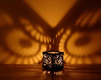 Dark gray black Shadow lantern Candleholder with round owl eyes ornament Wooden tealight Candle Holder