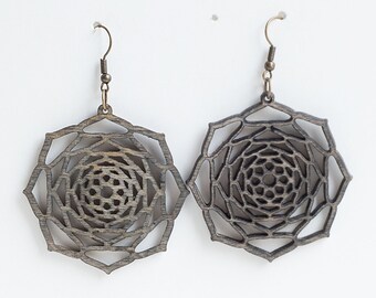 The Flower of Revelation earrings - mandala yantra style wooden Ethnic Spiritual Wood cut jewelry Hippie Boho Style, design MDL001