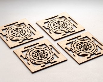 Sri Yantra mandala wooden coasters / Hindu Buddhist New age Sacred geometry coasters / set of 4 / various sets