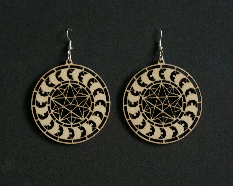 The Star in Motion round Sacred geometry Wood cut earrings Free shipping image 3