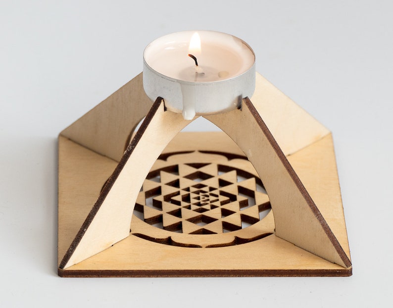 Wooden Sri Yantra tealight pyramid Energy harmonizer and Meditation helper, New Age Sacred Geometry House decor, Small size image 3