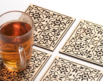 Arabesque Flower exquisite ornament square wood coasters - Natural wood color - various sets