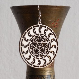 The Star in Motion round Sacred geometry Wood cut earrings Free shipping image 2