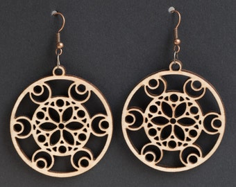 Circle of awareness earrings - Mandala wooden Ethnic Spiritual Wood cut earrings Hippie Boho Style, design MDL024