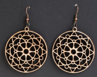 The Circle of Soul earrings  - Mandala Star style Round wooden earrings Ethnic Spiritual Wood cut earrings Hippie Boho Style, design MDL023