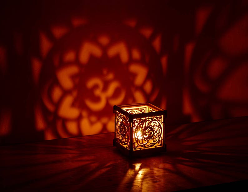 OM Lotus Flower Wooden Tea Light Shadow Lantern Candle Holder Etsy