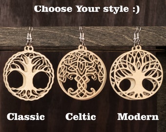 The Tree of Life Earrings - Celtic Wooden Earrings - Ethnic Spiritual Wood cut Hippie Boho Natural Jewelry