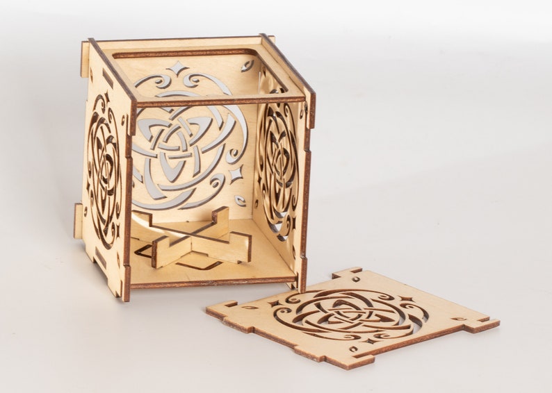 Triquetra Celtic Spirit Wooden Shadow lantern Candle Holder / Celtic art Sacred geometry Wood tealight holder image 5