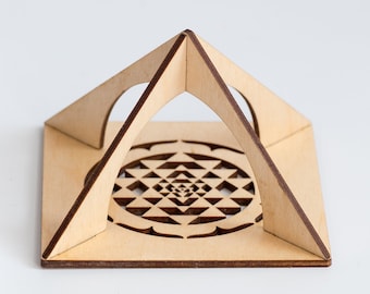 Wooden Sri Yantra pyramid - Energy harmonizer and Meditation helper, New Age Sacred Geometry House decor, Spiritual gift, Small size