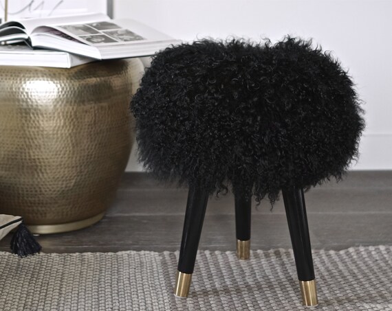 Stool Fur Chair Black Mongolian Lamb Fur Genuine With Black Etsy