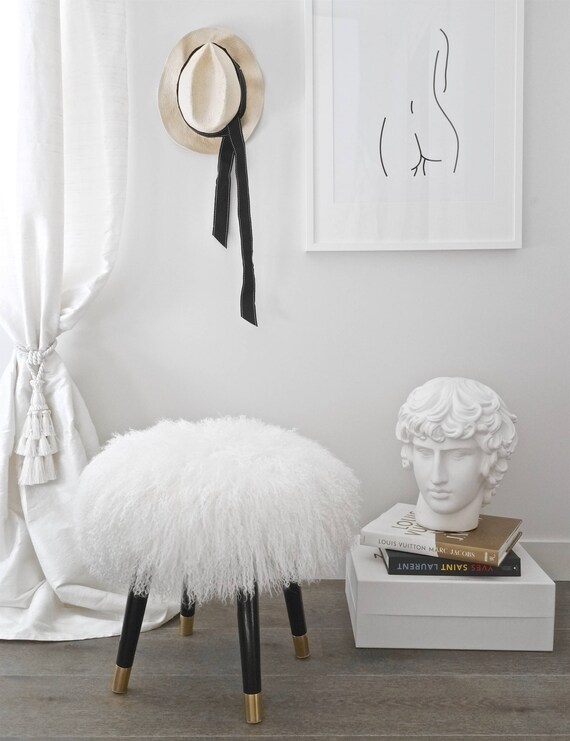 Mid Century Fur Stool Vanity Large Chair White Mongolian Singapore Mid Century Fur Stool Vanity Large, White Fluffy Stool For Vanity