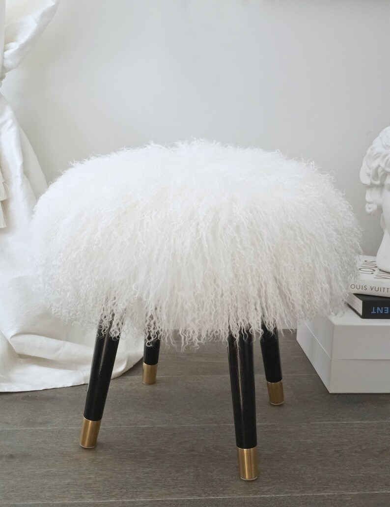 Mid Century Fur Stool Vanity Large Chair White Mongolian Etsy