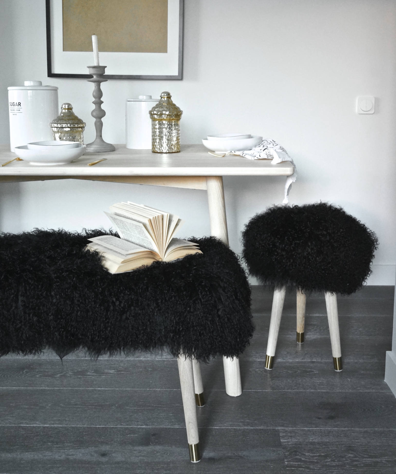 Fur Vanity Stool Genuine Black Mongolian Lamb Fur Stool for | Etsy