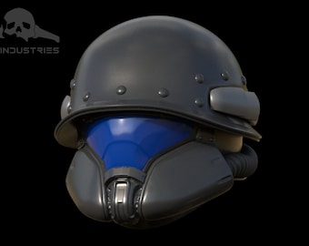 May include: A black helmet with a blue visor and a gray chin guard. The helmet has a series of rivets around the top and a gray band around the bottom.