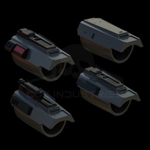May include: Four gray and black 3D printed futuristic arm guards with different designs. The arm guards have a cylindrical shape and are designed to be worn on the forearm.