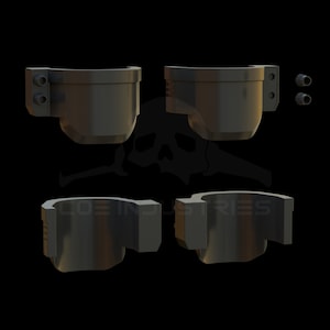 May include: Four gray plastic cup holders with a rounded bottom and a flat top. The cup holders are designed to be mounted on a wall or other surface.