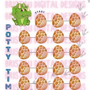 May include: A printable dinosaur-themed potty training chart with a green dinosaur at the top and a pterodactyl at the bottom. The chart has the word "POTTY TIME" written vertically on the left side and a row of 15 brown eggs with a spotted pattern. The text "START" is written above the first egg and "MY REWARD" is written below the last egg.