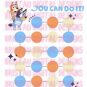 May include: A reward chart featuring cartoon characters, with the text "You Can Do It!" and "You Did It!". The chart has a series of colored circles connected by lines, with space for a reward at the bottom. The characters are in shades of blue, orange, and white.
