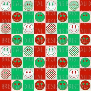 Checkered Christmas Smiley Seamless Pattern | Holiday Seamless Design | PNG Digital Download for Apparel, Wrapping Paper, Sublimation & More