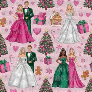 May include: A pink Christmas-themed pattern featuring couples in formal wear, Christmas trees, gingerbread men, hearts, and wrapped gifts. The design includes a gingerbread house and candy canes on a pink background.