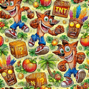Könnte beinhalten: Ein sich wiederholendes Muster mit der Figur Crash Bandicoot in verschiedenen Posen, zusammen mit TNT-Kisten, Fragezeichenboxen, Äpfeln und Stammesmasken. Das Design hat einen gelben Hintergrund mit grünem Laub und tropischen Elementen.